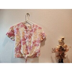 Charter‎ Club Linen Tie Front Top XS Pink Yellow Floral Boho Summer Casual Shirt
